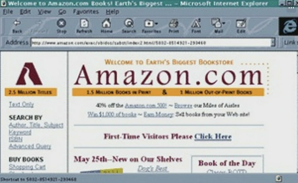 Early Amazon.com web page with the slogan "The largest bookstore in the world" and navigation options such as "Books in print" And "Books no longer available."