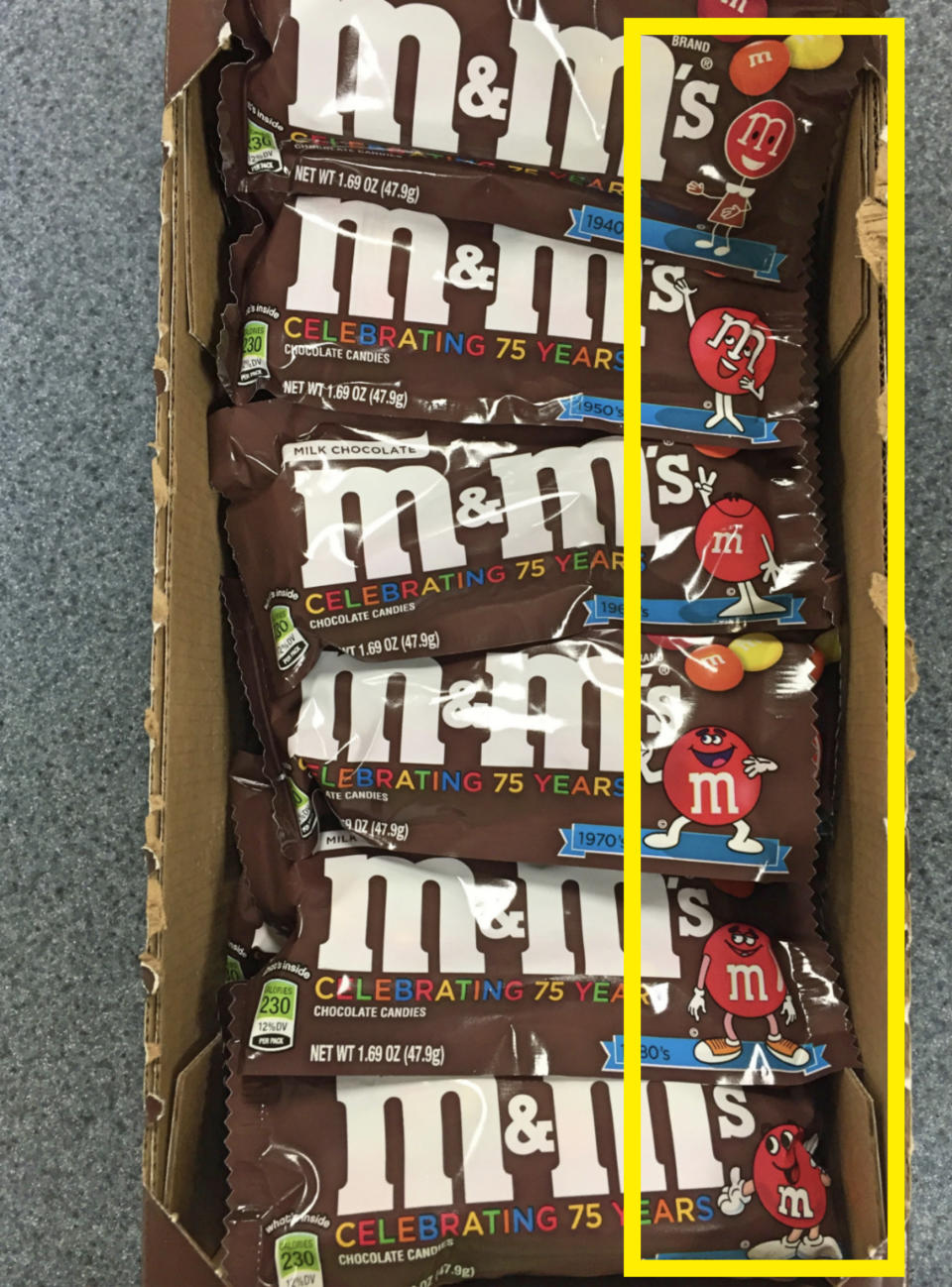 Six packs of M&M's are shown in a box, each labeled with "M&M's Celebrates 75th Anniversary" and with the signature M&M characters