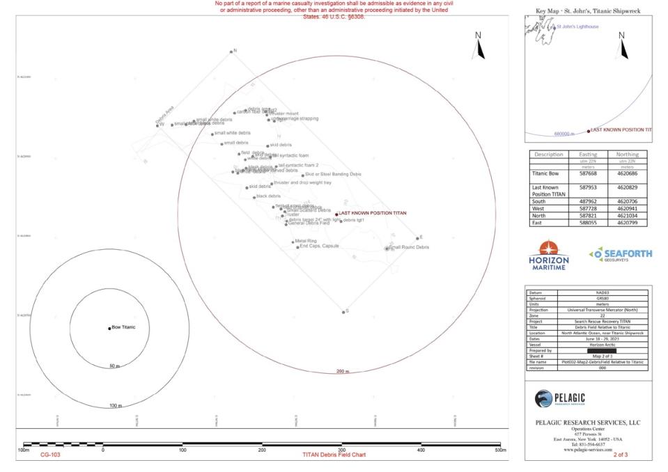 Map of U.S. Coast Guard OceanGate Titan debris