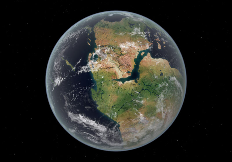 Image of the Earth with one huge landmass, consisting of several current continents.