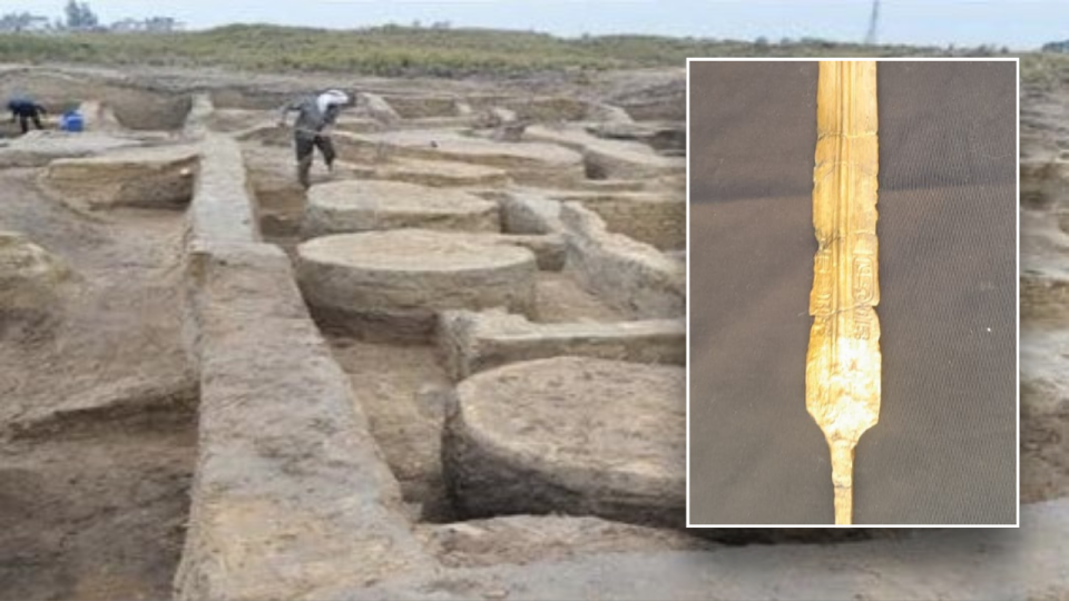 Split image of sword and excavation site