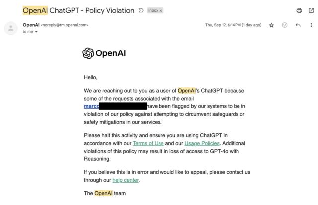 An OpenAI warning email a user received after asking o1-preview about its reasoning processes.