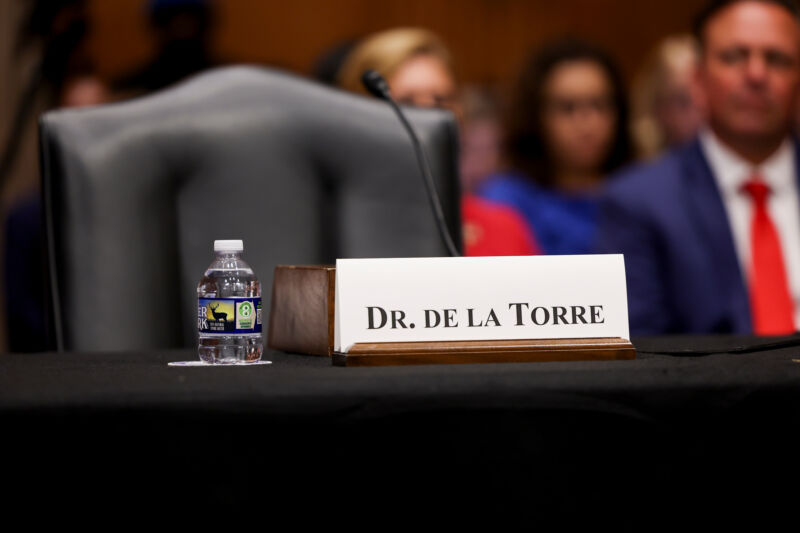 The nameplate for Dr. Ralph de la Torre, founder and CEO of Steward Health Care System, stands in front of an empty chair during a hearing of the Senate Committee on Health, Education, Labor and Pensions in Washington, DC, on Thursday, September 12, 2024. 