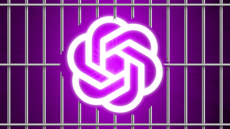 The OpenAI logo emerges from broken prison bars, against a purple background.