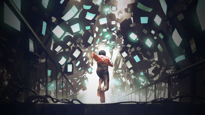 Cyberpunk concept of a man running along a futuristic path full of monitors.