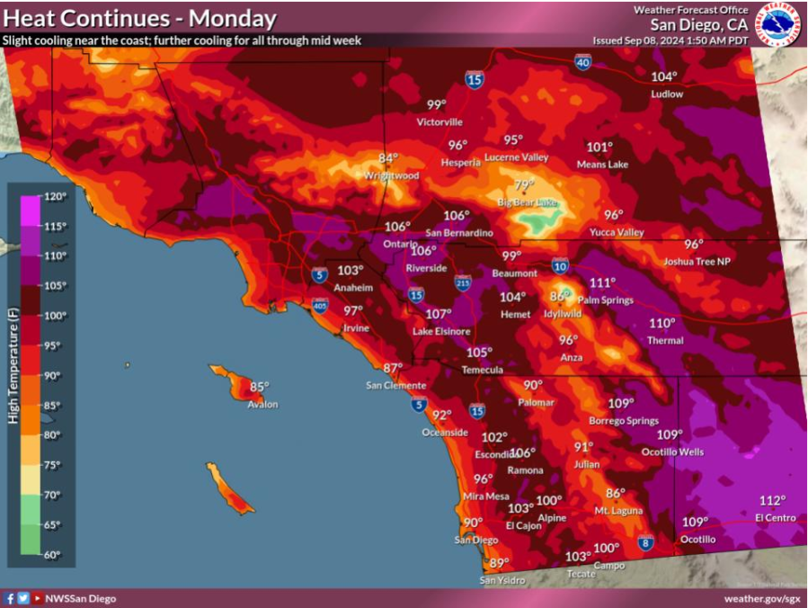 NWS forecast for Southern California on Monday as heat warnings remain in effect (Photo: National Weather Service)