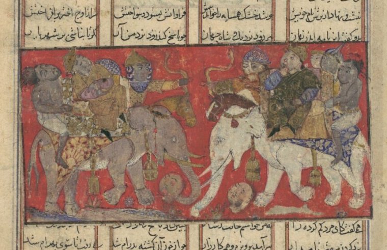 The First Fight of Gav and Talhand', Folio from a Shahnama (Book of Kings), ca. 1330–40, Attributed to Iran, probably Isfahan, Ink, opaque watercolour, gold and silver on paper, Page: 8 1/16 x 5 1/4 in. (20.5 x 13.3 cm), Codices, Three fights between two Indian princes – half-brothers vying for the throne – resulted in the invention of chess, to explain the death of one of them to their grieving mother. The Persian word shah mat, or checkmate, denoting a position of no escape, describes Talhand's plight at the end of the third fight. (Photo by: Sepia Times/Universal Images Group via Getty Images)