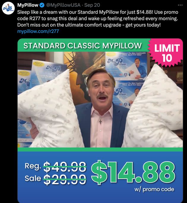 Mike Lindell advertised his MyPillow products on social media for $14.88.