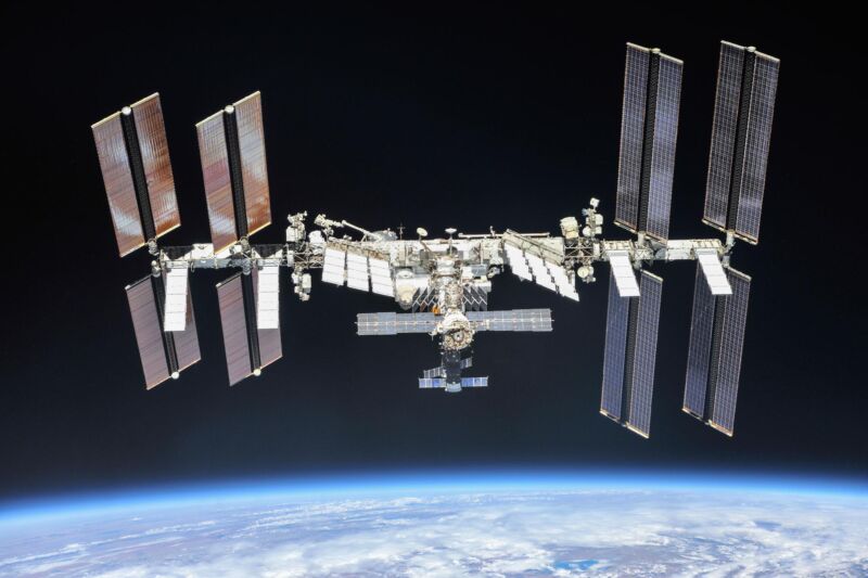 This photo of the International Space Station was taken by a crew member of a Soyuz spacecraft.