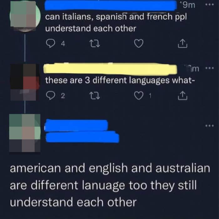 "Can Italians, Spaniards and French understand each other?" "these are 3 different languages," And "American, English and Australian are also different languages, but they still understand each other"