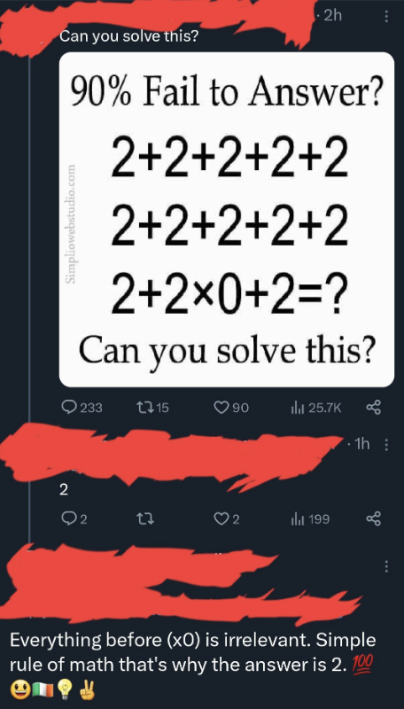 Mathematical puzzle that requires a solution "2+2+2+2 2+2+2+2 2+2x0+2" with the correct answer 2. Comments and likes shown