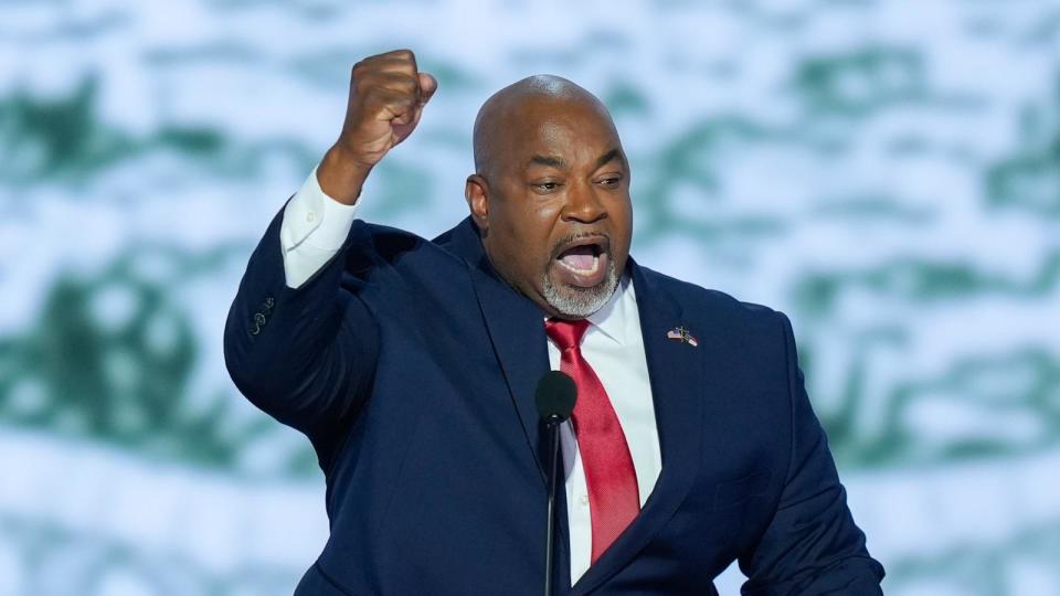 PHOTO: Lt. Gov. Mark Robinson, R-NC., speaks on the first day of the Republican National Convention, July 15, 2024, in Milwaukee. (J. Scott Applewhite/AP)