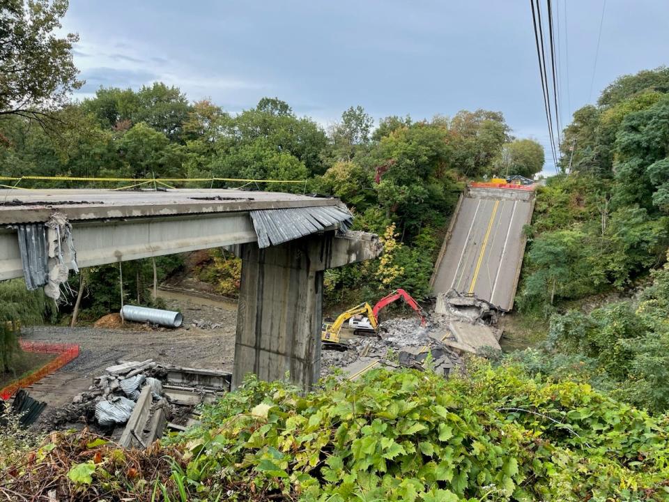 Excavators begin clearing portions of the Route 20 bridge over Twenty Mile Creek, which unexpectedly collapsed Wednesday.