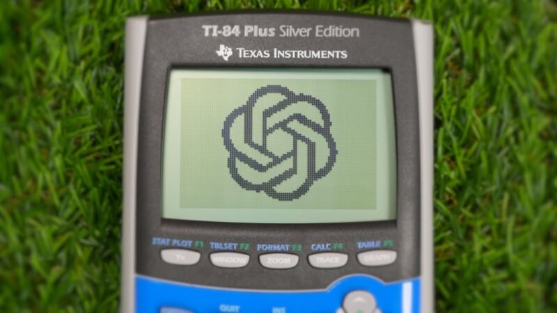 An OpenAI logo on the screen of a TI-84 calculator.