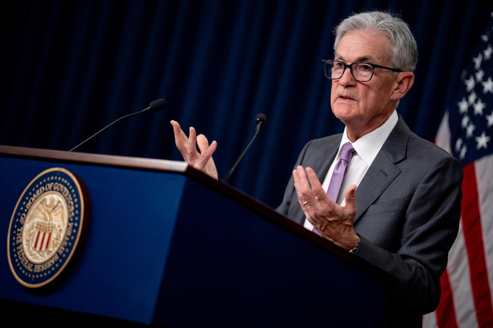 WASHINGTON, DC - JULY 31: Federal Reserve Chairman Jerome Powell speaks at a news conference following a meeting of the Federal Open Market Committee at the William McChesney Martin Jr. Federal Reserve Board Building on July 31, 2024 in Washington, DC. Powell spoke to members of the media after the Federal Reserve kept short-term interest rates at current levels amid broad expectations that rates would decline in September. (Photo by Andrew Harnik/Getty Images)