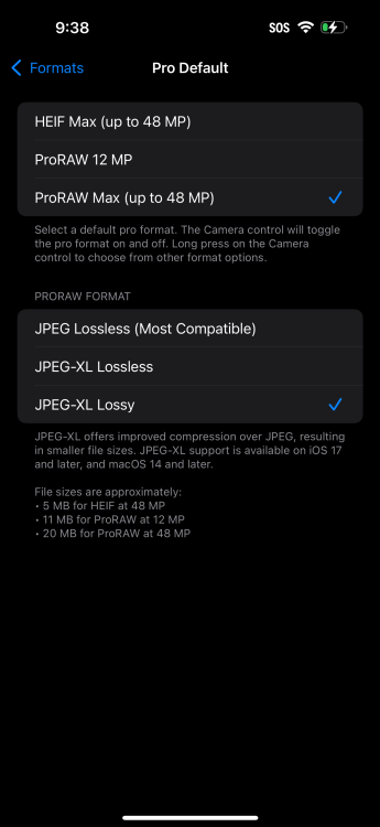 Pro Standard menu on the iPhone 16 Pro 