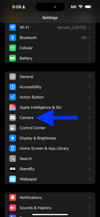 Blue arrow pointing to the camera option on the iPhone