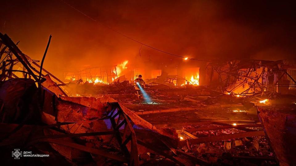 Emergency services search the scorched rubble in the Mykolaiv region after Russian attacks on Tuesday night (UKRAINE EMERGENCY MINISTRY PRESS)