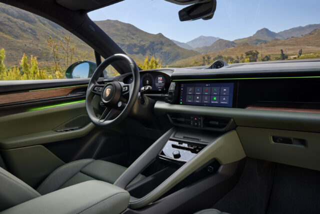 A Porsche Macan EV interior with the door lighting