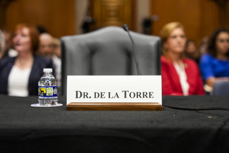 The empty chair of Steward Health Care System Chief Executive Officer Dr. Ralph de la Torre, who was a no-show at the U.S. Senate Committee on Health, Education, Labor and Pensions investigating Steward Health Care's bankruptcy: How Management Decisions Affected Patient Care. 