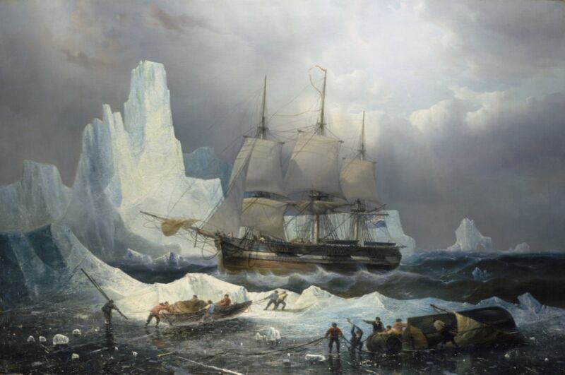 Oil painting by the Belgian marine artist François Etienne Musin depicting the HMS Erebus surrounded by an iceberg. In the foreground the ship's crew is moving smaller vessels across the ice.