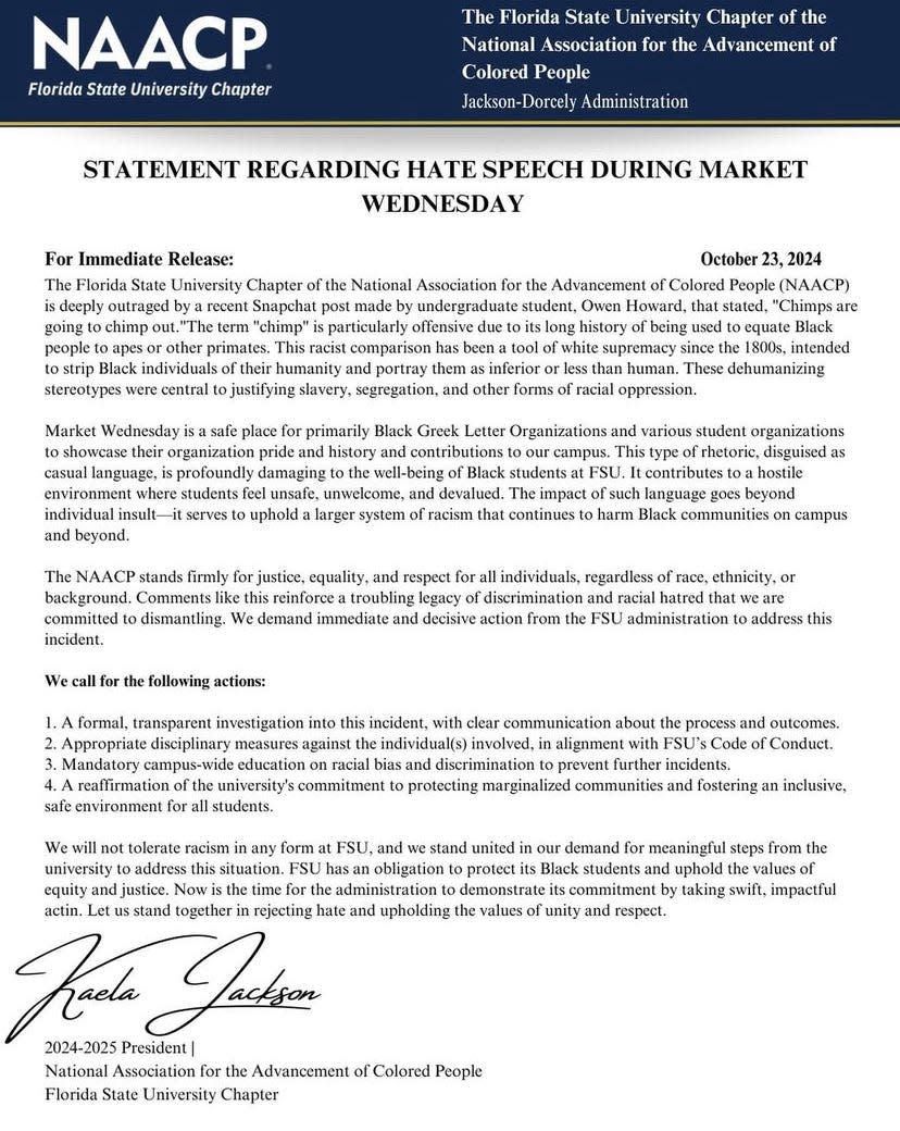 Official statement from NAACP FSU Chapter regarding hate speech during Market Wednesday on October 23, 2024.