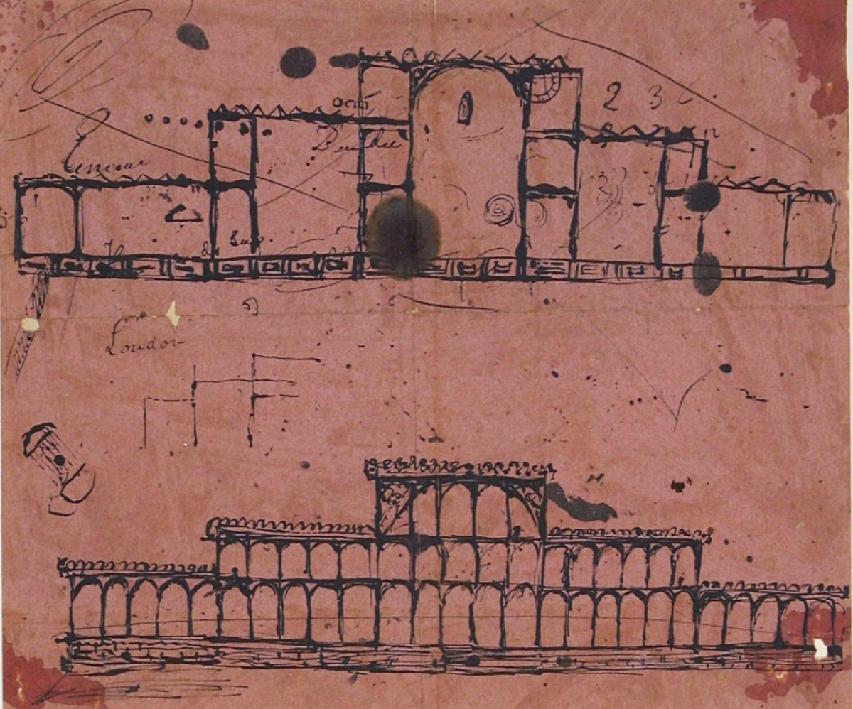 Joseph Paxton's first sketch for the Great Exhibition Building, c. 1850, pen and ink on tissue paper