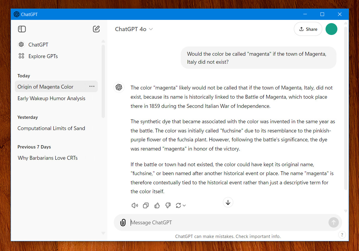 A screenshot of the new Windows ChatGPT app taken on October 18, 2024.