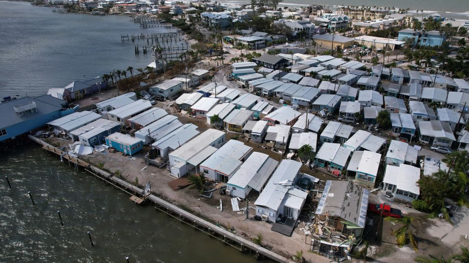 Mobile homes damaged by Hurricane Milton, at Pines Trailer Park in Bradenton Beach on Anna Maria Island, Florida, are seen on October 10, 2024. - Rebecca Blackwell/AP