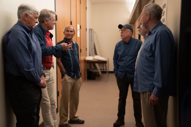 Original participants Karl Van Orsdol, Dave Eshleman, Chuck Burton, Doug Korpi, Jerry Shue and Clay Ramsay during the recreation in Los Angeles.