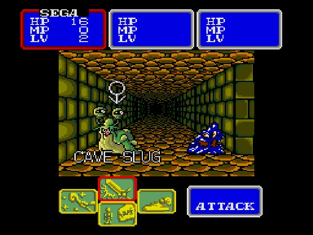 First-person RPG screenshot featuring a named character "SEGA" choose between actions against a Cave Slug, with HP, MP, and LV stats displayed.