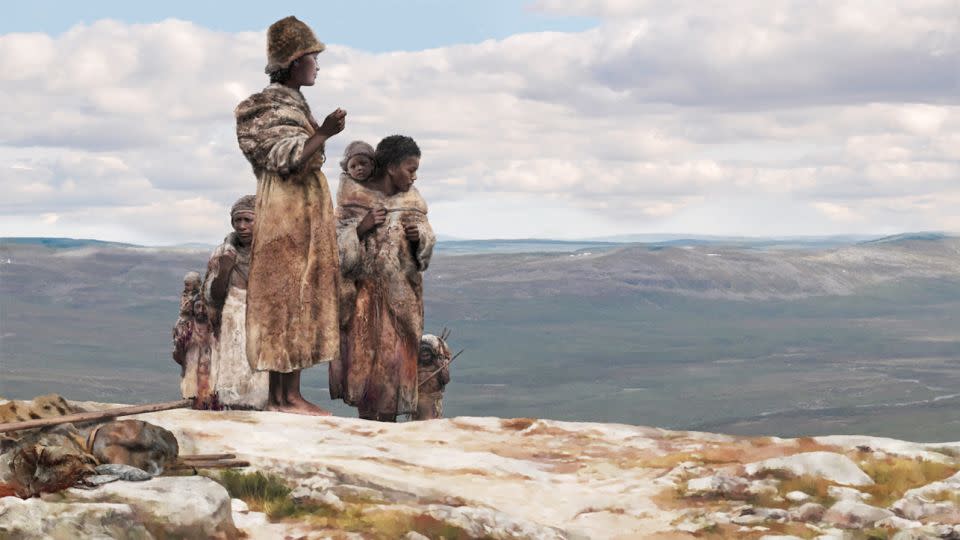 An illustration shows early Europeans who lived in what is now Ranis, Germany, about 45,000 years ago and probably traveled together across the open steppe landscape. - Tom Björklund/Max Planck Institute