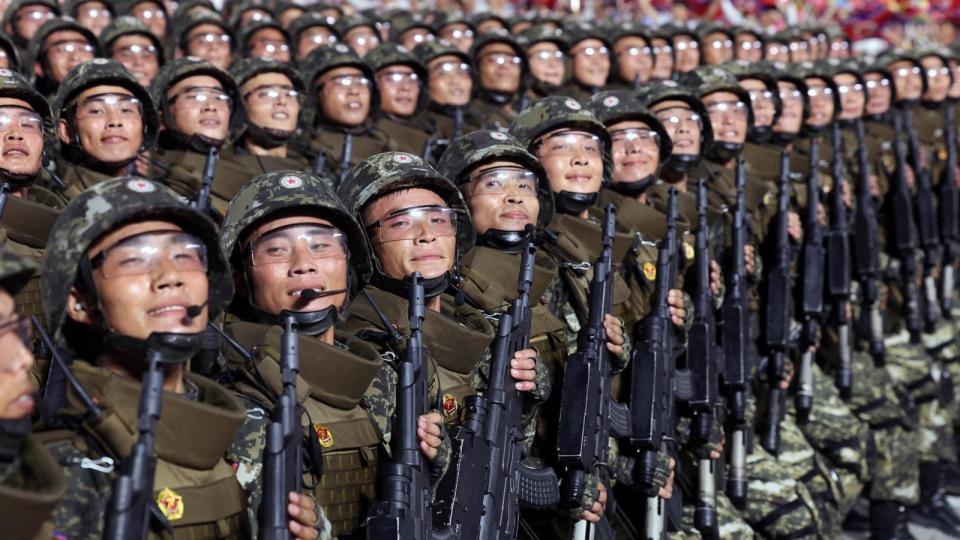 PHOTO: Soldiers are pictured during a military parade at Kim Il Sung Square in central Pyongyang, North Korea, on July 27, 2023. (Xinhua News Agency via Getty Images)