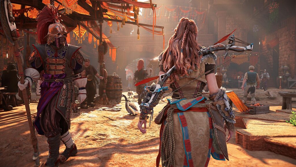 A photo of Aloy walking through the city of Meridian.