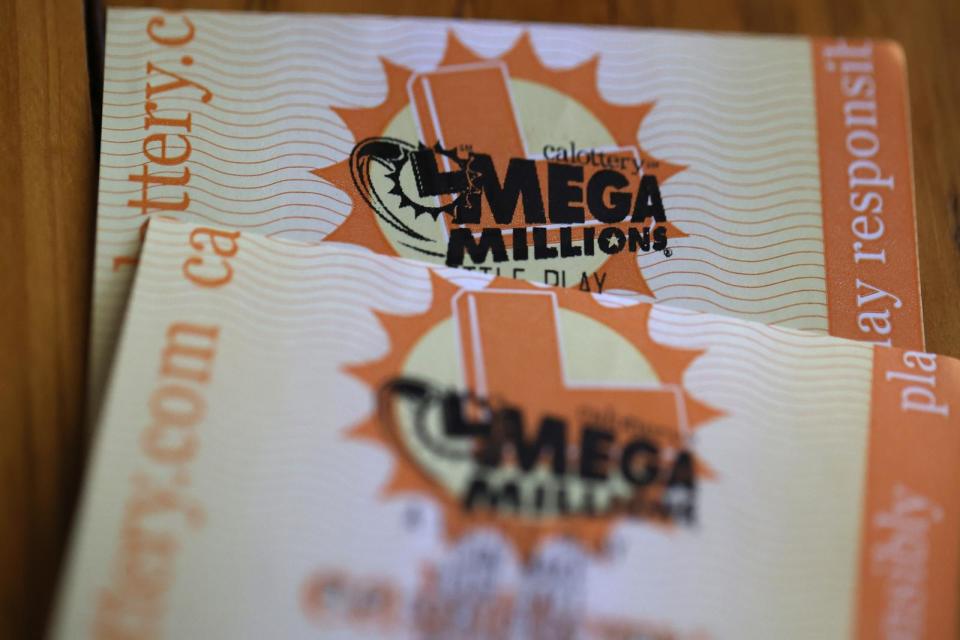 PHOTO: Mega Millions tickets on display, August 1, 2023, in San Anselmo, California (Justin Sullivan/Getty Images)