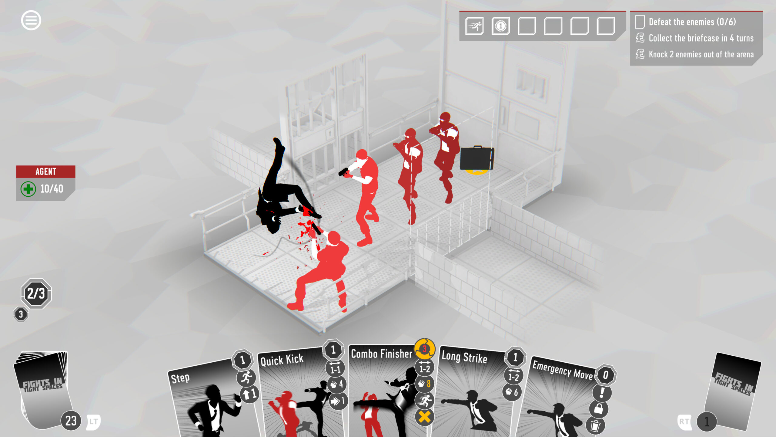 A black-skinned figure back-kicks a red guy holding a gun, while three other red and maroon goons point guns at him from a perpendicular angle, in a grayscale room.