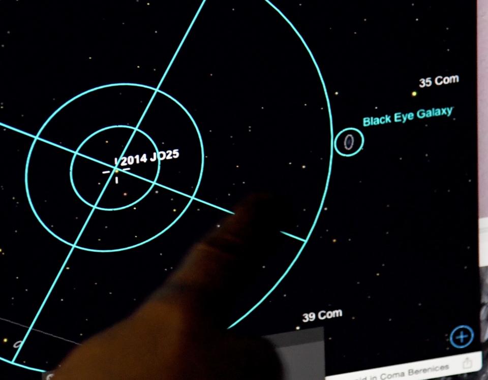 NORTH LAS VEGAS, NV - APRIL 19: Las Vegas Astronomical Society vice president of special events Keith Caceres uses computer software connected to his telescope to locate asteroid 2014 JO25 outside the College of Southern Nevada Planetarium on April 19, 2017 in North -Las Vegas, Nevada. The nearly mile-long asteroid is traveling at a speed of 75,000 miles per hour as it passes through Earth's orbit nearly 1.1 million miles from Earth, less than five times the distance from Earth to the moon. Astronomers at the Catalina Sky Survey in Arizona discovered the asteroid in May 2014, as part of NASA's Near-Earth Object (NEO) Observations Program. It is a contact binary asteroid (two connected lobes of rock that were originally separated), giving it a peanut-like shape. It is the closest asteroid of this size to approach Earth since September 2004. (Photo by Ethan Miller/Getty Images)