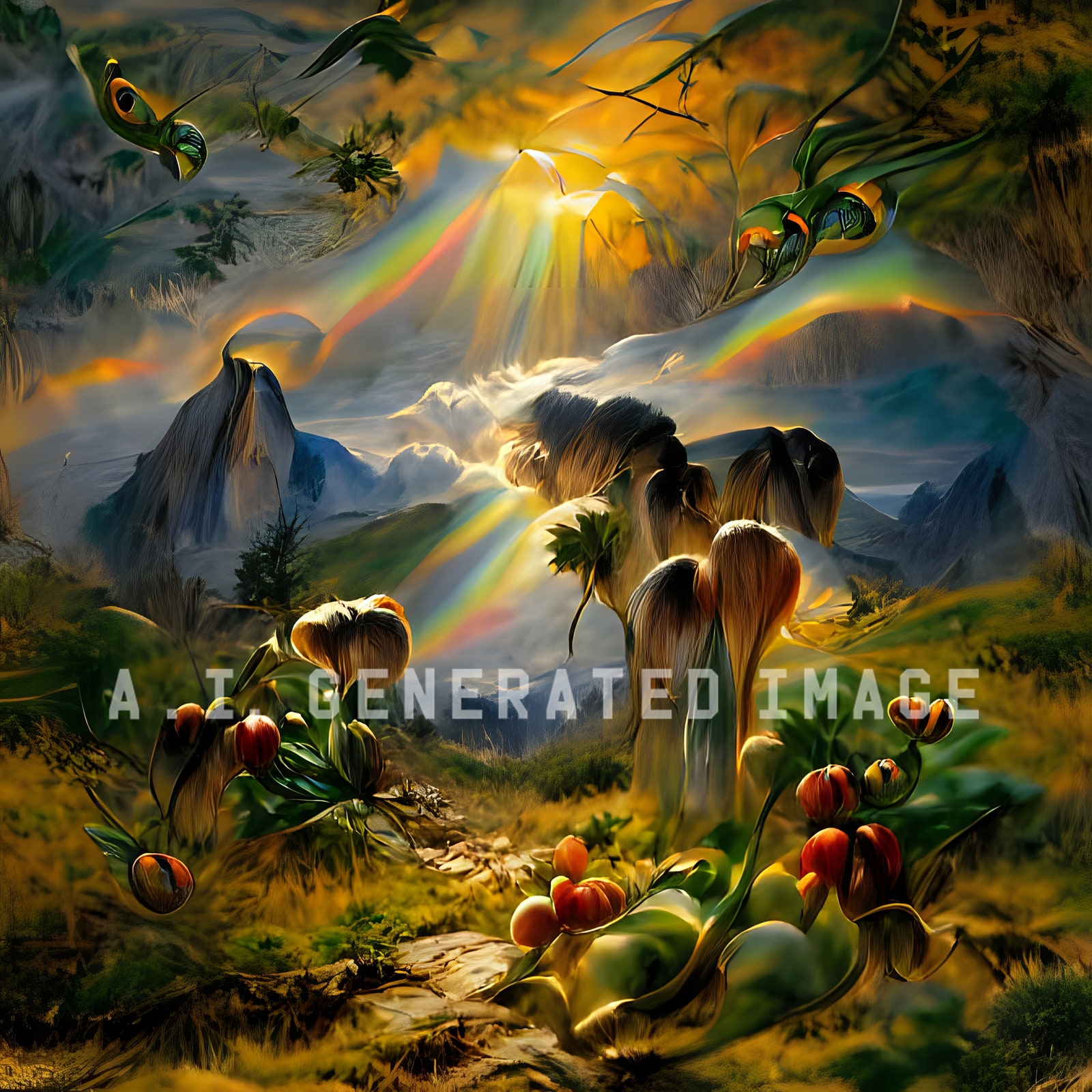 Image may contain Plant Vegetation Art Painting Jungle Nature Outdoors Adult Person Sunlight Animals and Fish