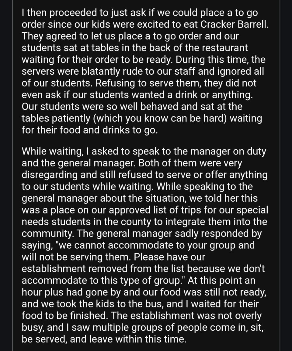 Part of an email Charles County Public Schools special education teacher Katie Schneider sent to parents on Dec. 3, 2024. The email outlines how special education students and staff were treated at the Cracker Barrel in Waldorf, Maryland during a school outing.