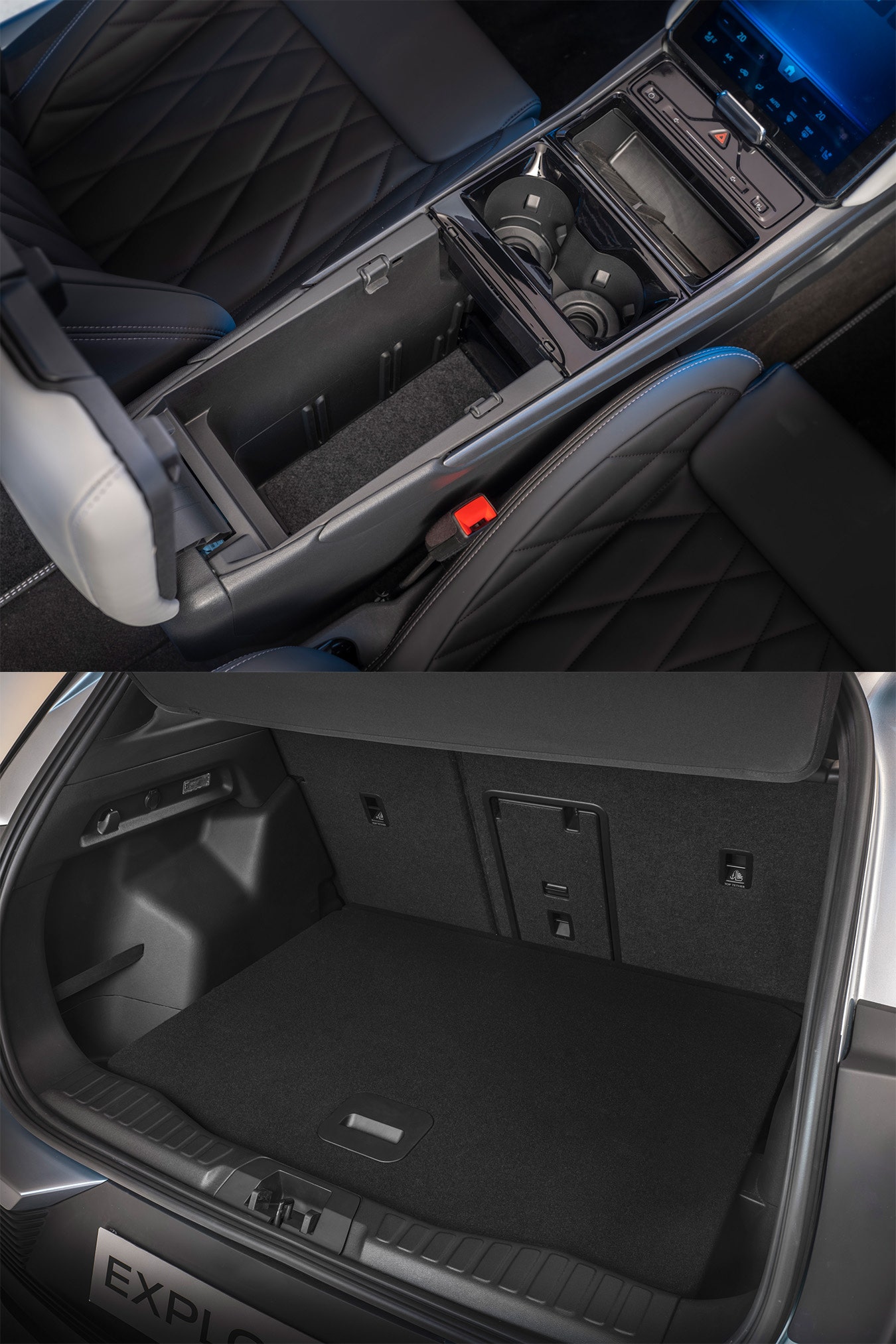 a center console and an empty trunk