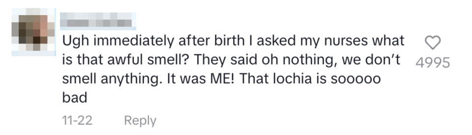 Comment on the postpartum experience, mentioning unpleasant odor and lochia