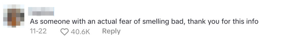 Comment from Sophie expressing gratitude for information due to fear of smelling bad. Date: 11-22 with a heart count of 40.6K