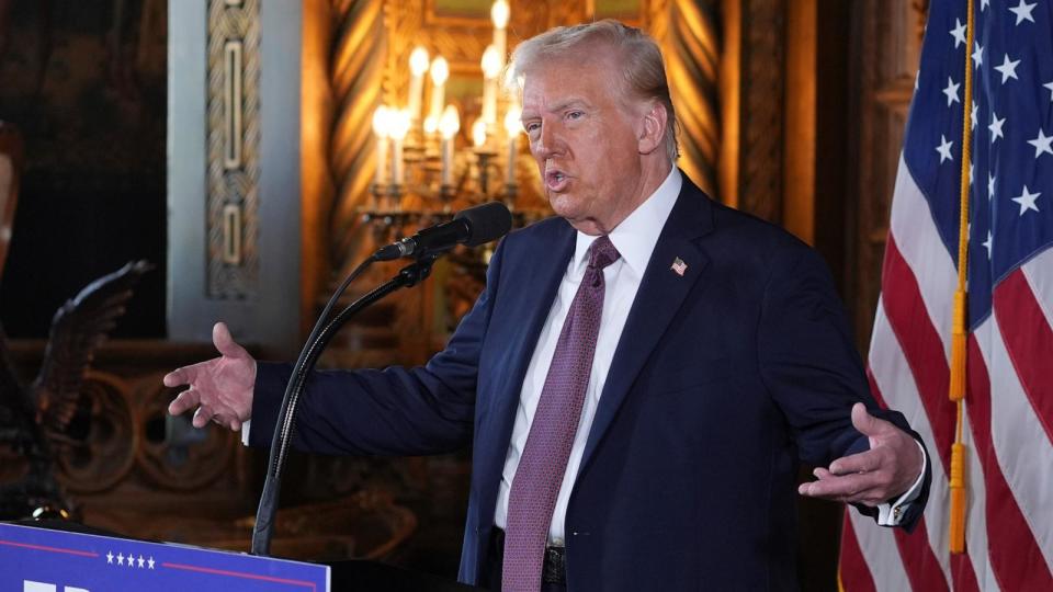 PHOTO: President-elect Donald Trump speaks during a news conference at Mar-a-Lago, Jan. 7, 2024, in Palm Beach, Florida (Evan Vucci/AP)