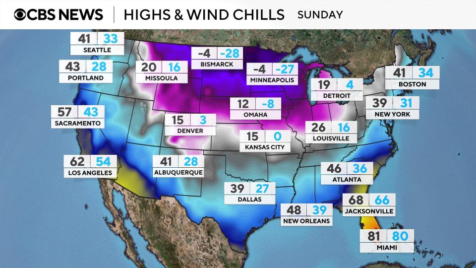 Map shows expected high temperatures and wind chills for Sunday, January 19, 2025. / Credit: CBS News