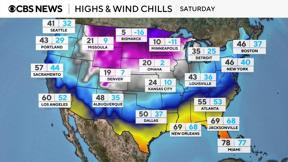 Map shows expected high temperatures and wind chills for Saturday, January 18, 2025. / Credit: CBS News