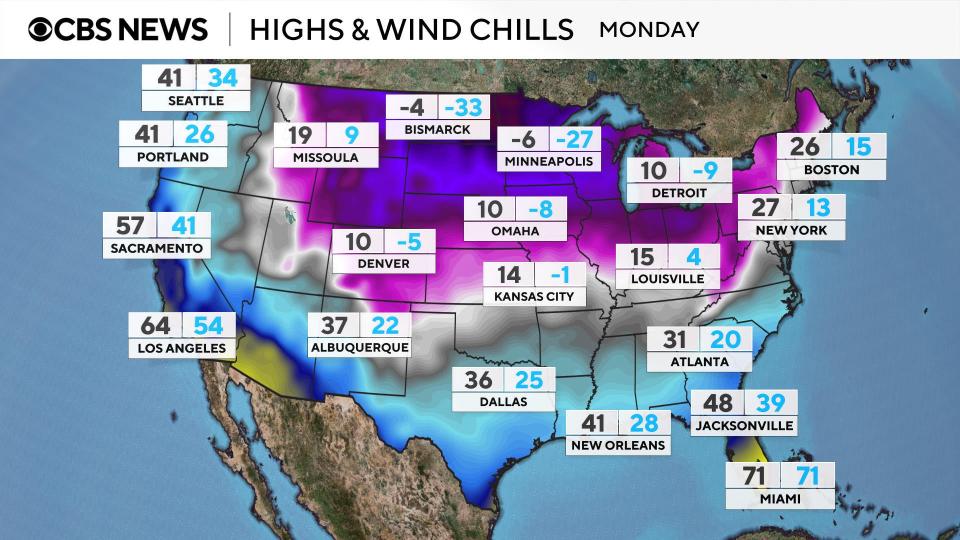 Map shows expected high temperatures and wind chills for Monday, January 20, 2025. / Credit: CBS News