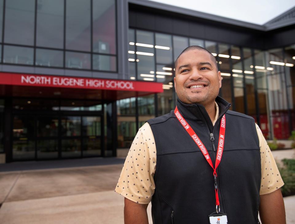 Nain Muñoz on his first day as director at North Eugene High School, at the opening of the 2023 school year.