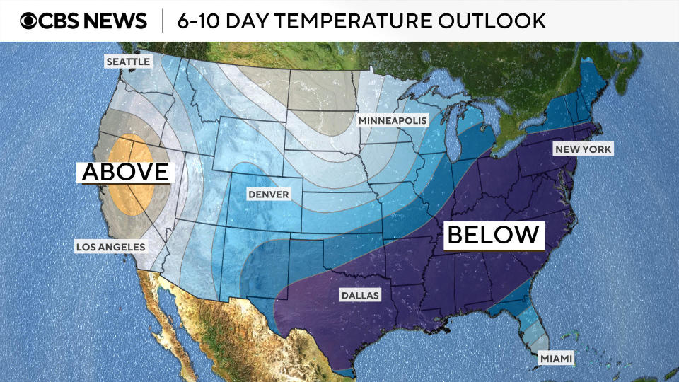 The map shows below normal temperatures in the forecast for mid-January across much of the south and east. / Credit: CBS News