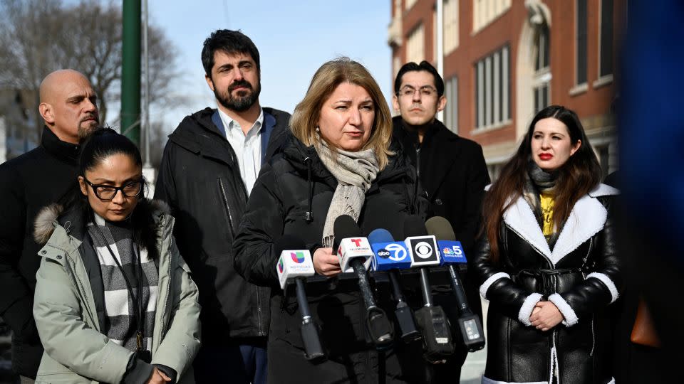 Bogdana Chkoumbova, Chicago Public Schools Chief Education Officer, speaks on Friday with members of the media in Chicago. - Vincent Alban/Reuters