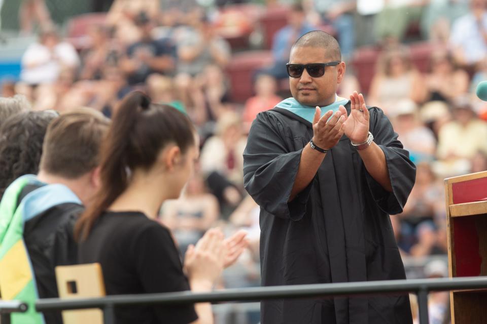 North Eugene High School -director Nain Muñoz introduces dignitaries on stage during graduation on 8 June 2024.